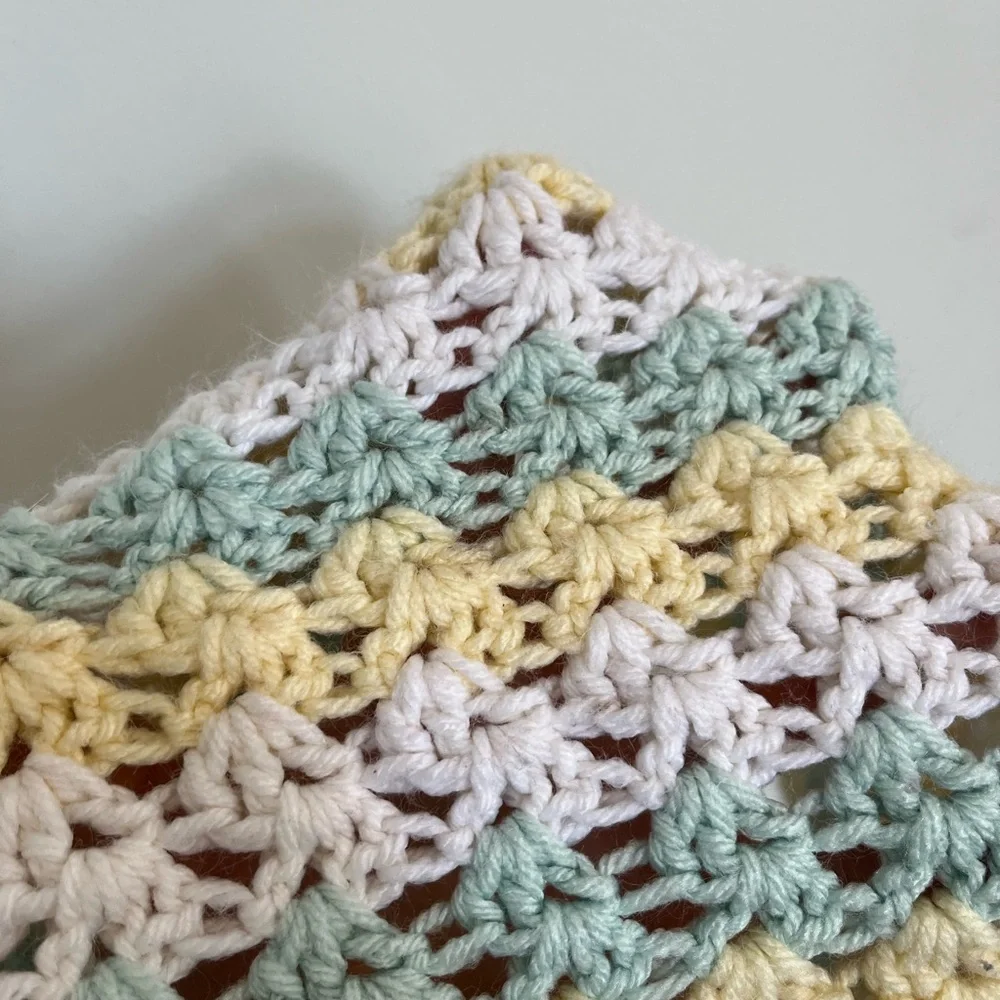 Handmade Crochet Baby Blanket in Pastel Yellow, green & White afghan knit throw